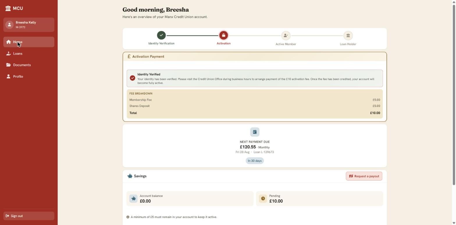 MCU member portal home showing the membership journey, next payment due, and savings