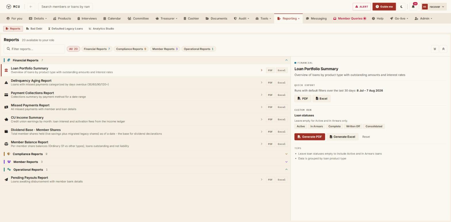 MCU reporting catalog with financial and compliance reports, each exportable as PDF or Excel