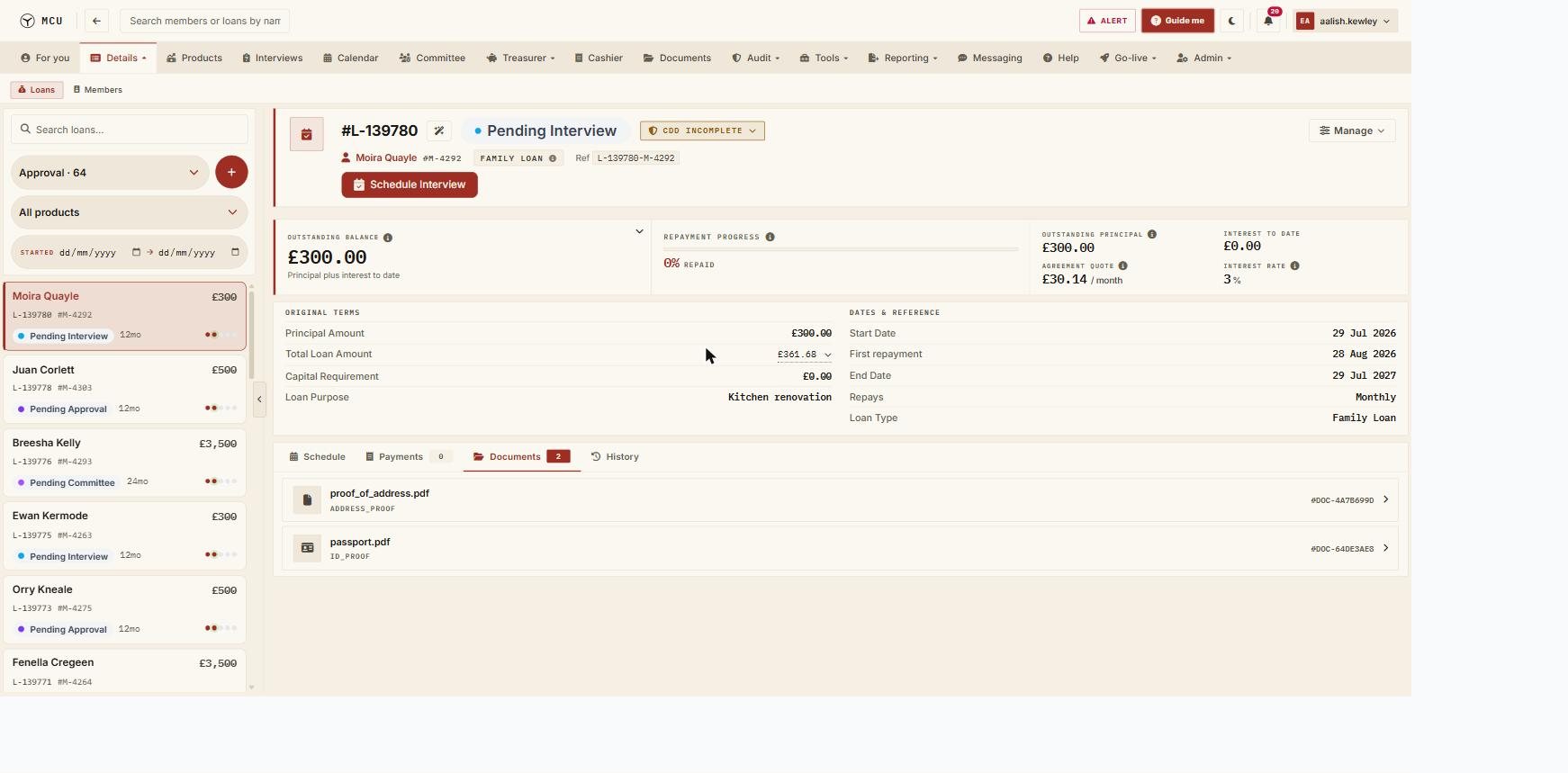 MCU staff app: a loan detail screen with outstanding balance, repayment progress, original terms, and documents